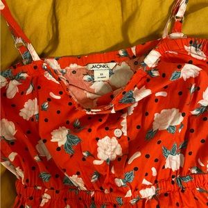 Size xs Monkl cotton jumpsuit, red with black polka dots and light pink roses.